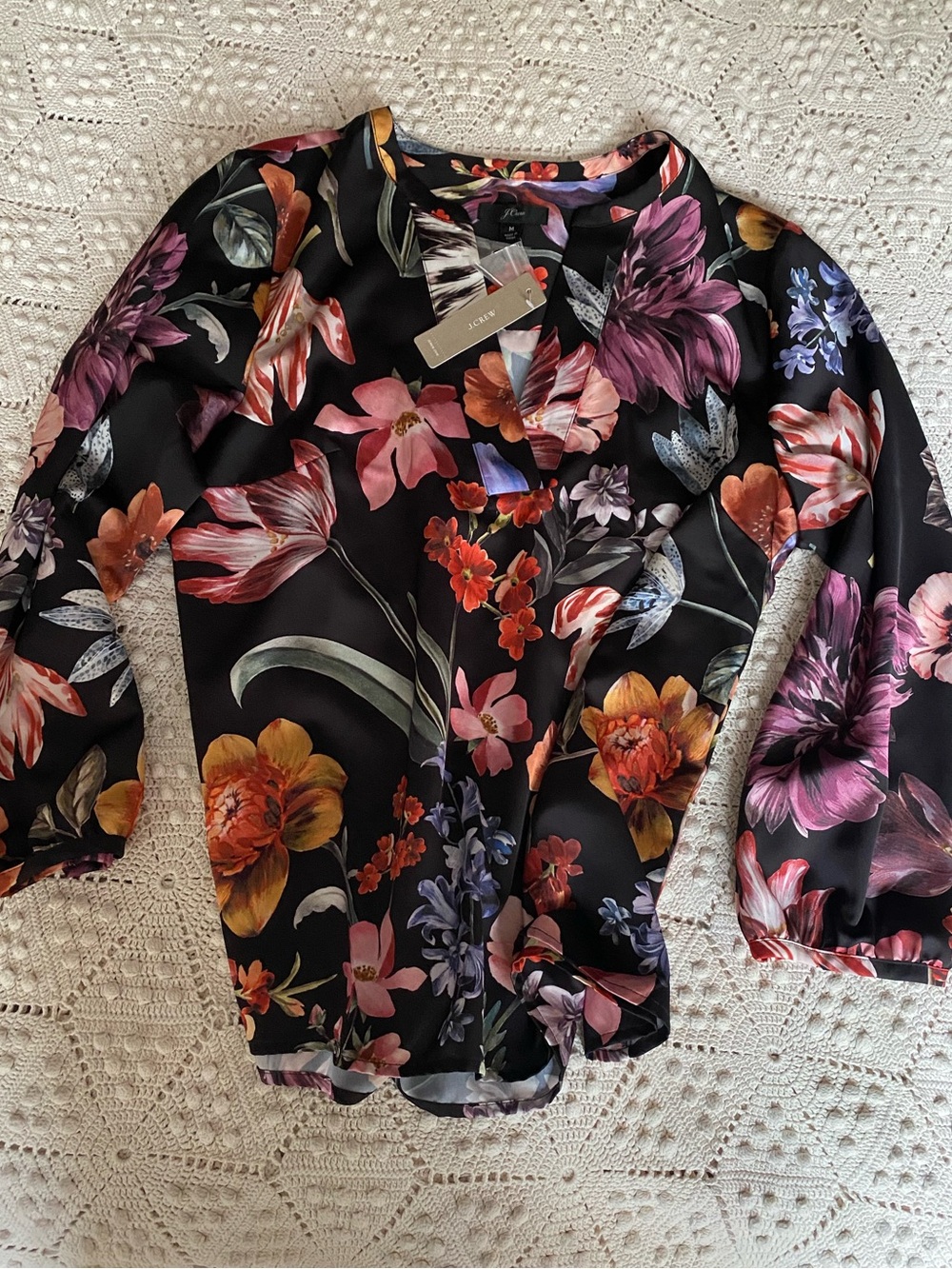 J. Crew Black Floral V-Neck Blouse with Multicolor Blooms
